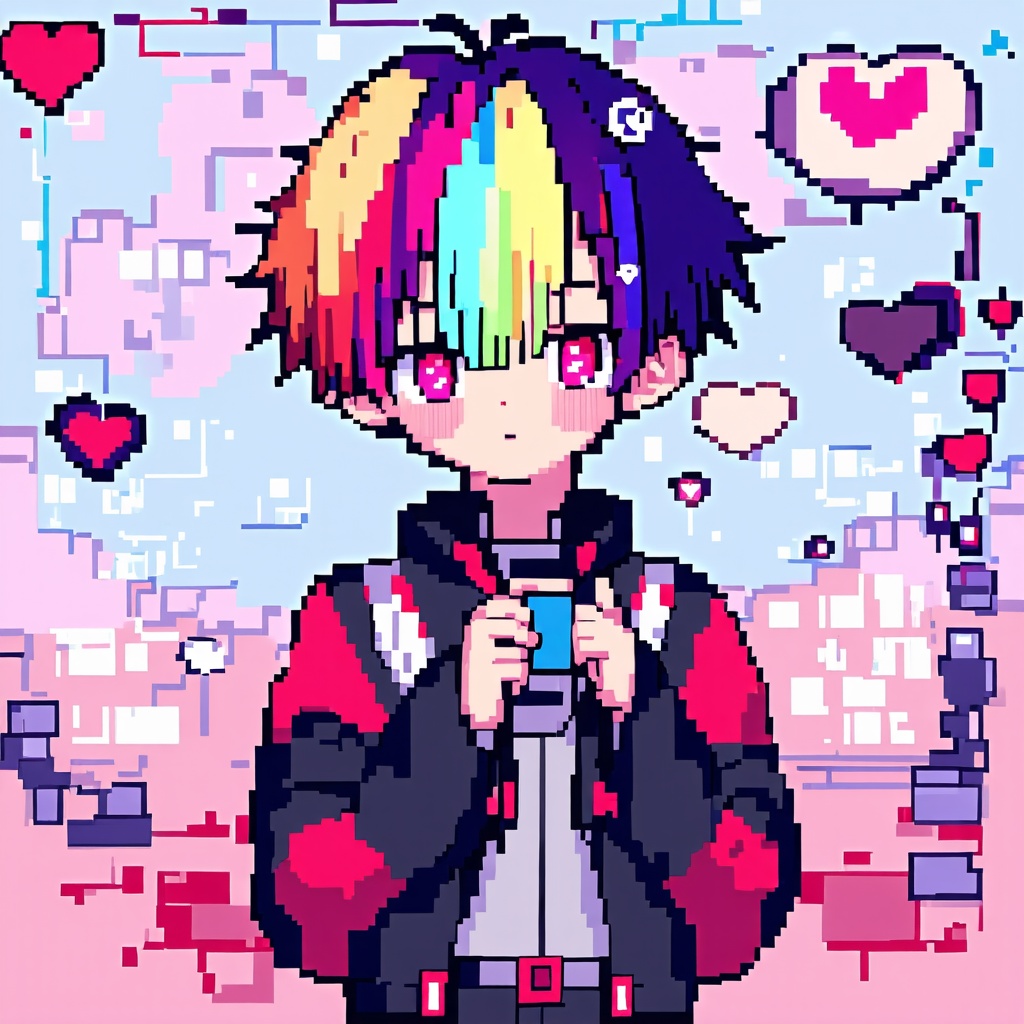 A virtual YouTuber boy with a sweet,  blush-filled face. Hes a short,  pixel art male student sporting bangs and a hair or...