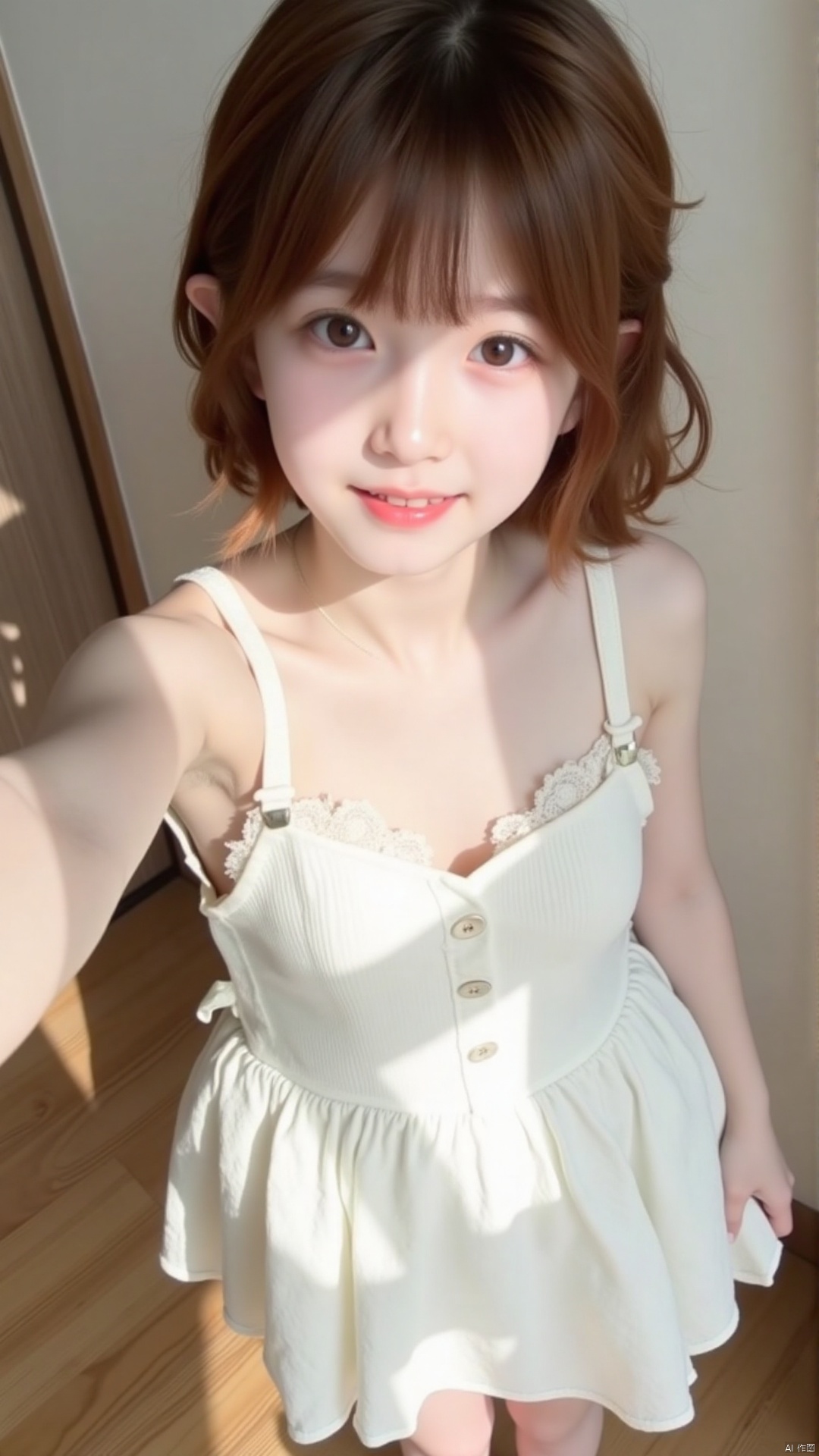 A playful girl with short hair, her chestnut short hair is fluffy and natural, and her white low-cut suspender dress is as pure as snow, with delicate lace on the skirt. Her big eyes are bright and lively, and her long eyelashes are slightly raised. She is taking a selfie with her mobile phone. A ray of soft sunlight shines on the simple background. There is a wooden floor under her feet. The girl tilts her head slightly, revealing her cute little tiger teeth.