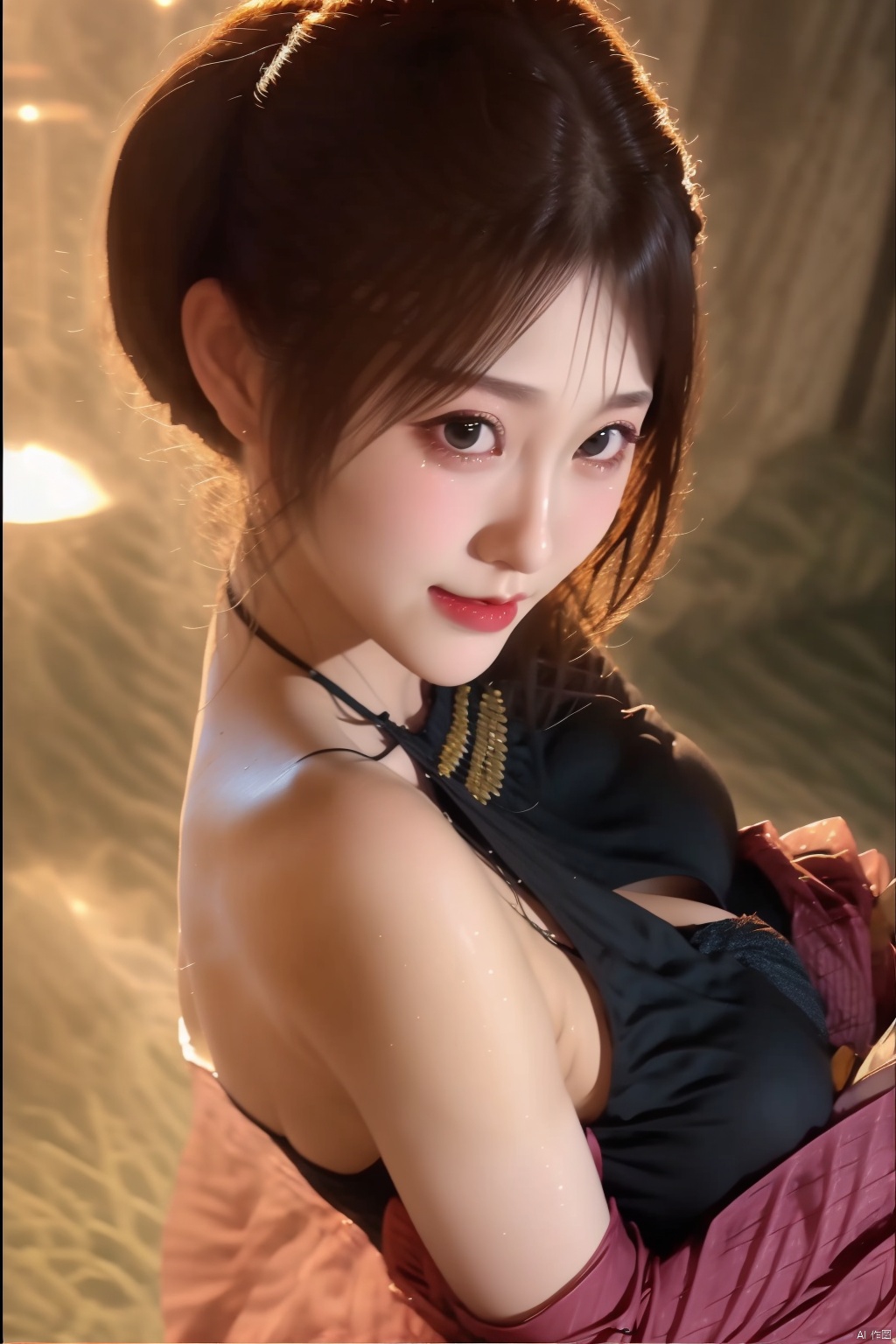 1girl
solo
breasts
looking at viewer
short hair
brown hair
bare shoulders
brown eyes
upper body
black eyes
lips
realistic
pillarboxed

