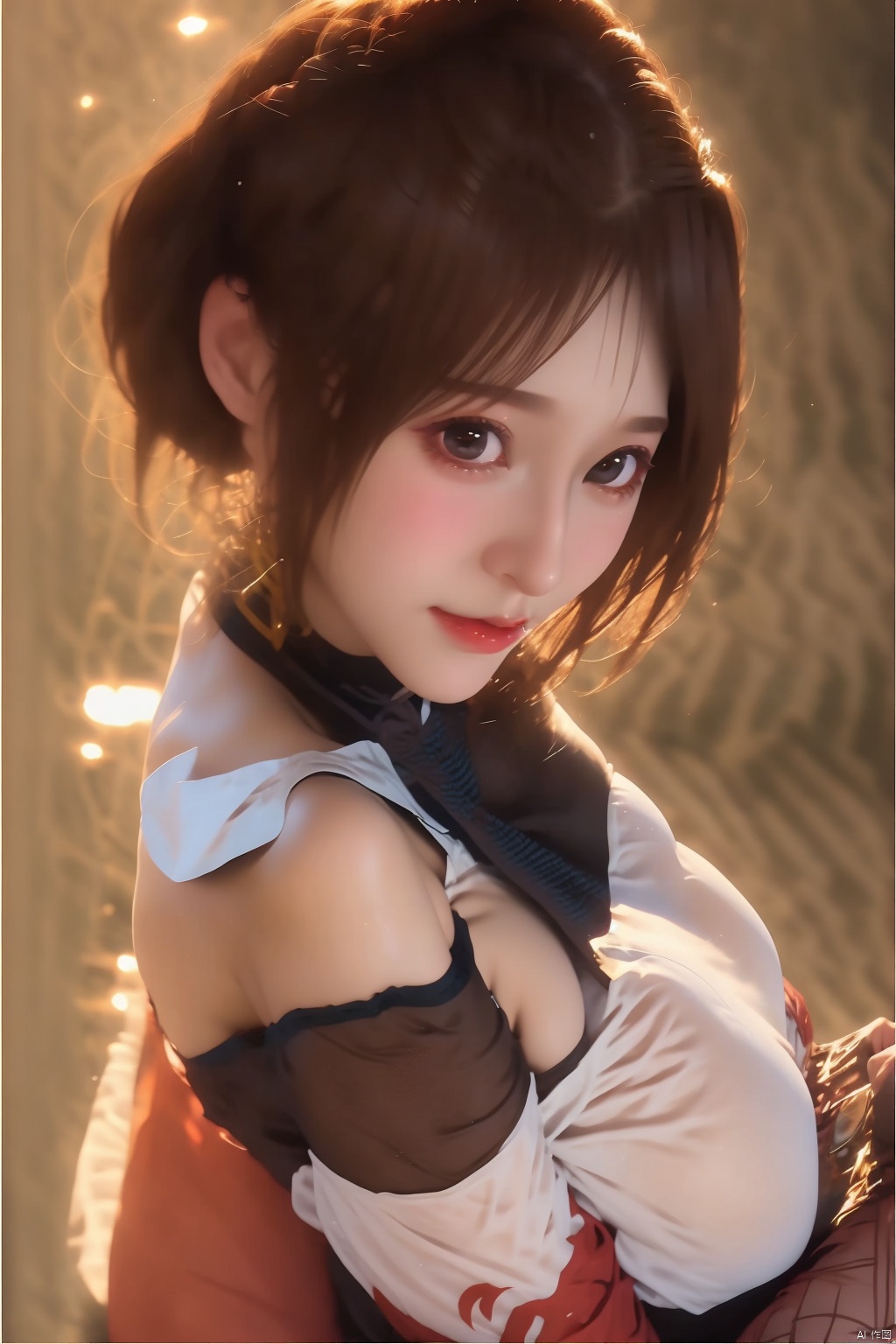 1girl
solo
breasts
looking at viewer
short hair
brown hair
bare shoulders
brown eyes
upper body
black eyes
lips
realistic
pillarboxed

