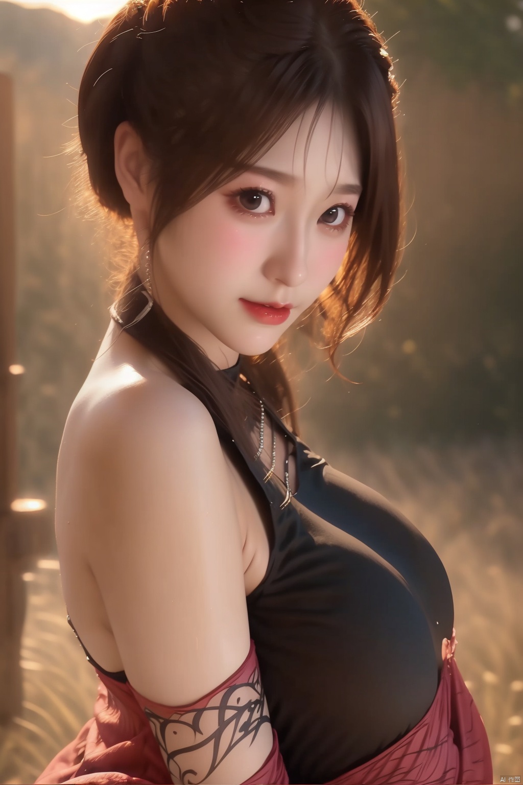 1girl
solo
breasts
looking at viewer
short hair
brown hair
bare shoulders
brown eyes
upper body
black eyes
lips
realistic
pillarboxed

