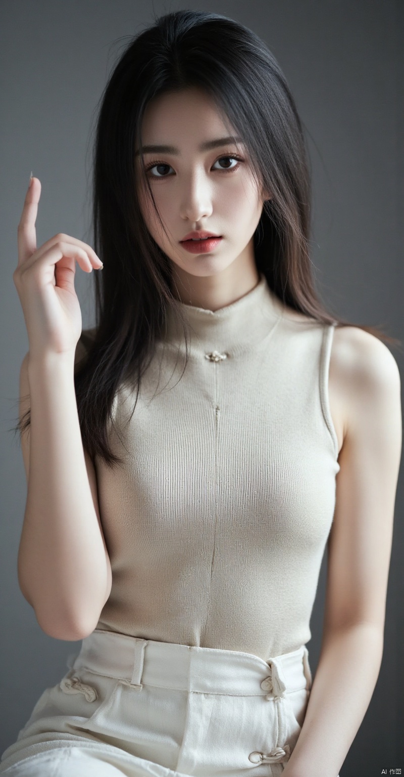 oneuandgr,(best quality,4k,8k,highres,masterpiece:1.2),ultra-detailed,(realistic,photorealistic,photo-realistic:1.37),huge breasts:1.4,off-white long tight skirt:1.6,wearing a sleeveless turtleneck:1.6,open the inseam:1.7,fitting room:1.2,natural skin texture,detailed skin,hyper-realism,ultra sharpness,intricate details,depth of field,toned buttocks,high-detail,photorealistic:1.4,solo,closed mouth,distinct double eyelids,lashes,long neck,clean collarbone