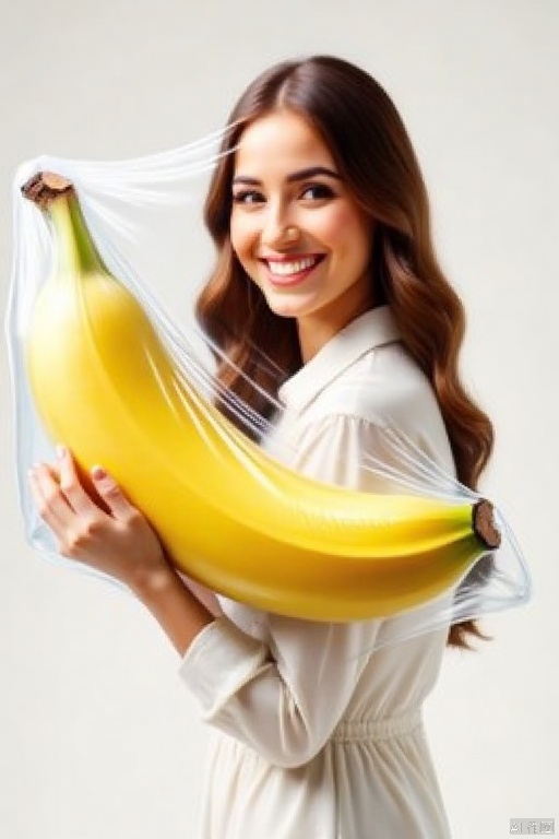 Plastic packaging
Toki_no_Chanshi
a vibrant yellow-brown haired woman with long
wavy brown hair
wearing a white shirt and white pants
is holding a yellow banana in her hands. She is smiling
with a smile on her face. The banana is encased in a transparent plastic bag