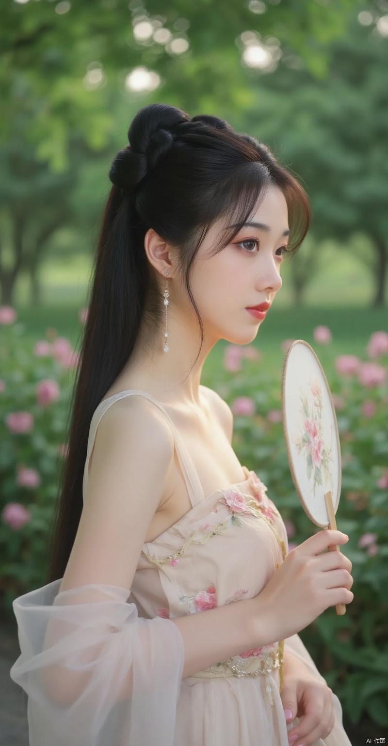 mnoing,(best quality,4k,8k,highres,masterpiece:1.2),ultra-detailed,(realistic,photorealistic,photo-realistic:1.37),long dark hair,braid,sleeveless dress,floral pattern,holding fan,beautiful detailed eyes,beautiful detailed lips,extremely detailed eyes and face,long eyelashes,serene expression,standing gracefully,side view,soft light,green trees,lush greenery,flowers in background,peaceful outdoor setting,gentle breeze,evening light,soft shadows,rich colors,traditional Asian style,photography,detailed textures,sharp focus,physically-based rendering,vivid colors,bokeh