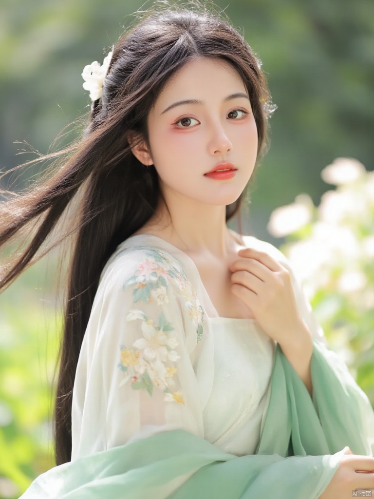 ,llai,(best quality,4k,8k,highres,masterpiece:1.2),ultra-detailed,(realistic,photorealistic,photo-realistic:1.37),long flowing hair,light-colored top,floral pattern,green shawl,one shoulder,beautiful detailed eyes,beautiful detailed lips,extremely detailed eyes and face,long eyelashes,serene expression,soft gaze,delicate features,slightly tilted head,graceful posture,ethereal atmosphere,outdoor setting,gentle sunlight,soft shadows,blurred background,shallow depth of field,bokeh,soft focus,smooth skin,flowing fabric,subtle textures,pastel colors,romantic style,illustration,watercolor,airy and light,vivid colors,calm and peaceful,harmonious composition,dreamy and whimsical,gentle breeze,flowers in the background,natural and organic,peaceful environment,serenity and beauty,tranquil scene,relaxed and calm,gentle and soothing,delicate and refined,soft and gentle,romantic and elegant