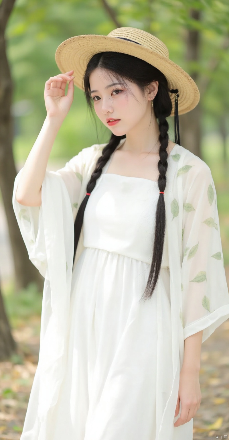 ,llai,long braided hair, white dress, leaf patterns, standing outdoors, surrounded trees, holding straw hat, tassel in hair,