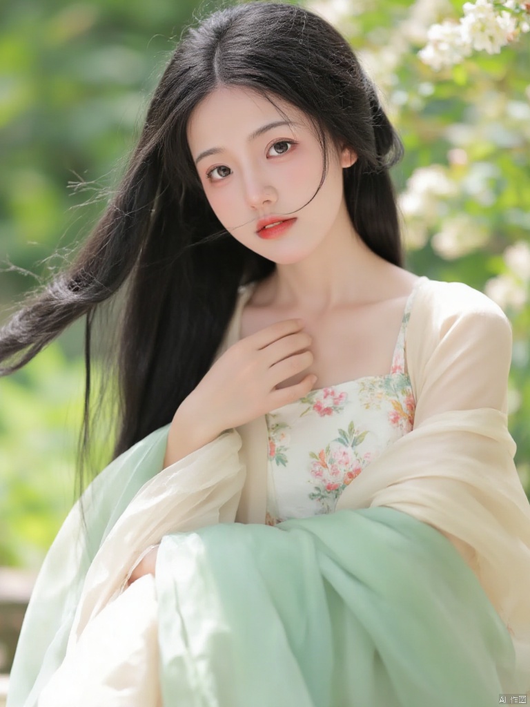 ,llai,(best quality,4k,8k,highres,masterpiece:1.2),ultra-detailed,(realistic,photorealistic,photo-realistic:1.37),long flowing hair,light-colored top,floral pattern,green shawl,one shoulder,beautiful detailed eyes,beautiful detailed lips,extremely detailed eyes and face,long eyelashes,serene expression,soft gaze,delicate features,slightly tilted head,graceful posture,ethereal atmosphere,outdoor setting,gentle sunlight,soft shadows,blurred background,shallow depth of field,bokeh,soft focus,smooth skin,flowing fabric,subtle textures,pastel colors,romantic style,illustration,watercolor,airy and light,vivid colors,calm and peaceful,harmonious composition,dreamy and whimsical,gentle breeze,flowers in the background,natural and organic,peaceful environment,serenity and beauty,tranquil scene,relaxed and calm,gentle and soothing,delicate and refined,soft and gentle,romantic and elegant
