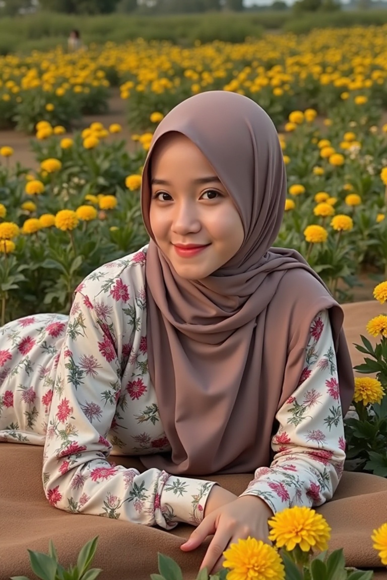 High detail,  A beautiful girl Lying on a bed of flowers,  beautiful hijab on Tensor.Art