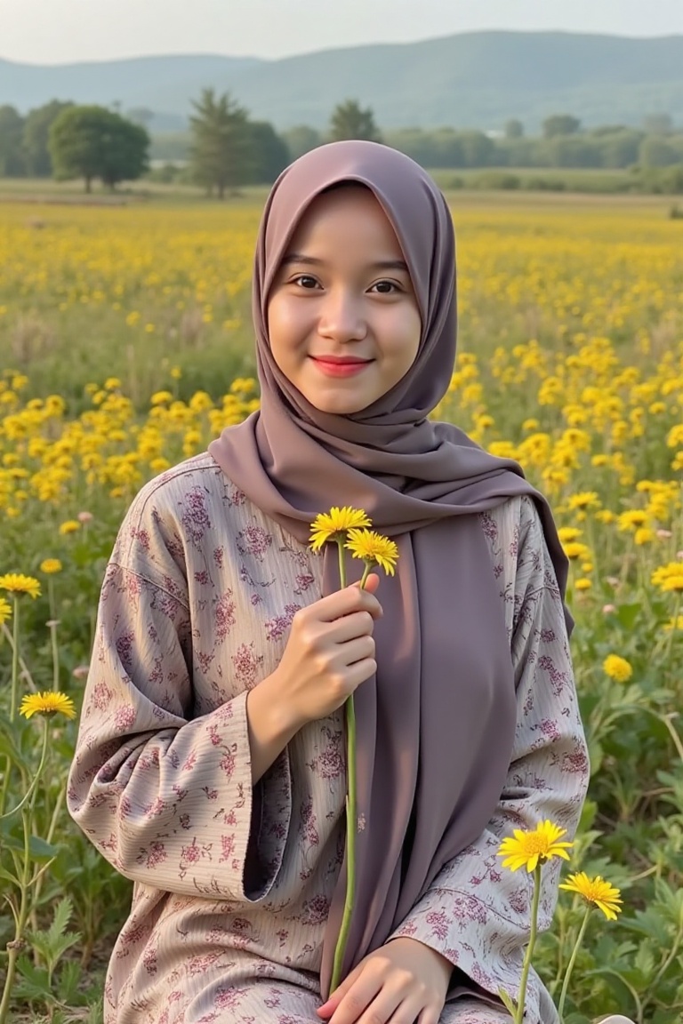 High detail,  A beautiful girl Sit in a flowering meadow,  beautiful hijab on Tensor.Art
