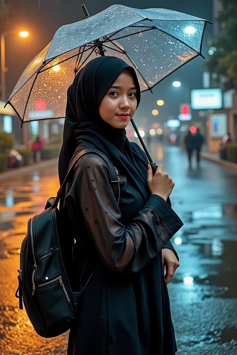 High detail,  A beautiful girl standing in night street,  rain on Tensor.Art