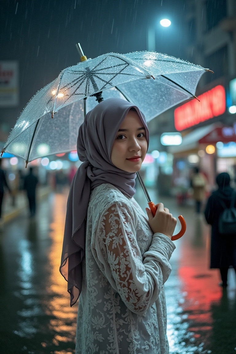 High detail,  A beautiful girl standing in night street,  rain on Tensor.Art