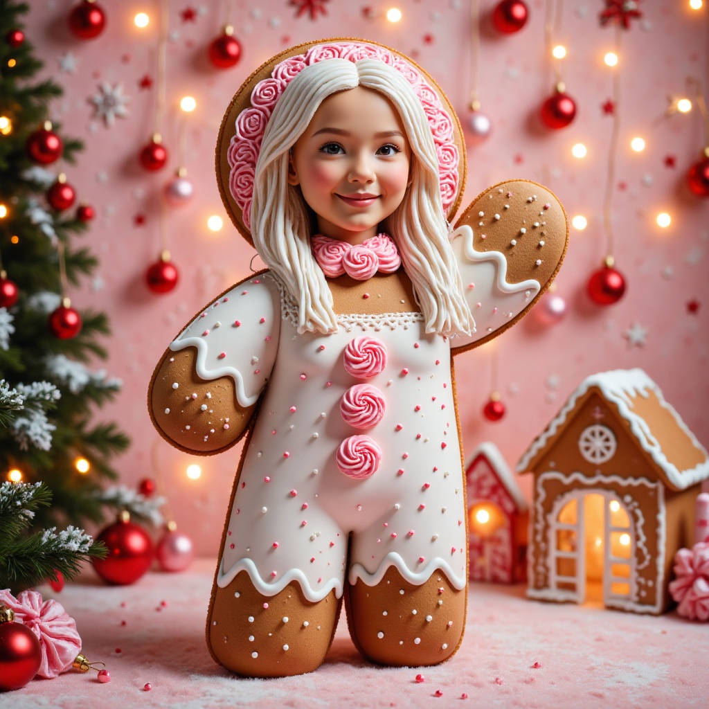 Gingerbread,  pink and vanilla velvet background,  christmas decoration such as tree on Tensor.Art
