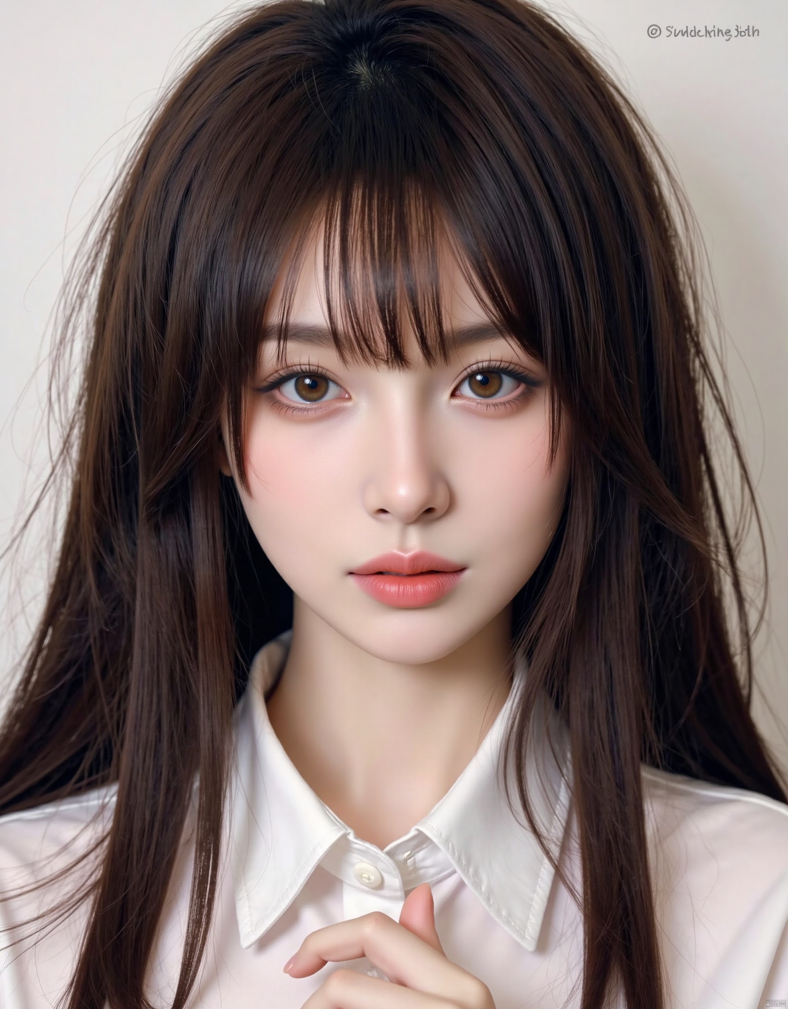 1girl, solo, long hair, looking at viewer, black hair, brown eyes, closed mouth, artist name, lips, head tilt, realistic, nose
