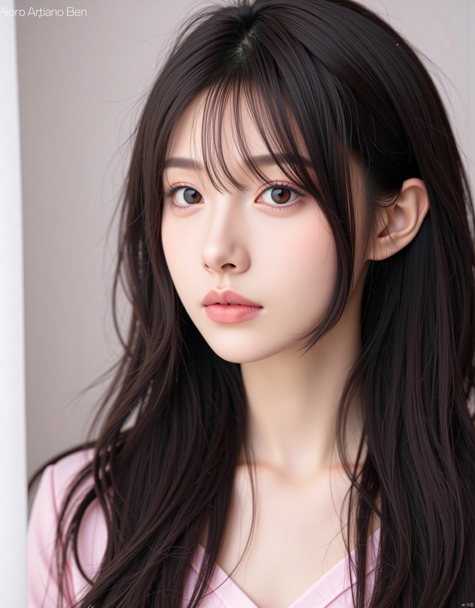 1girl, solo, long hair, looking at viewer, black hair, brown eyes, closed mouth, artist name, lips, head tilt, realistic, nose
