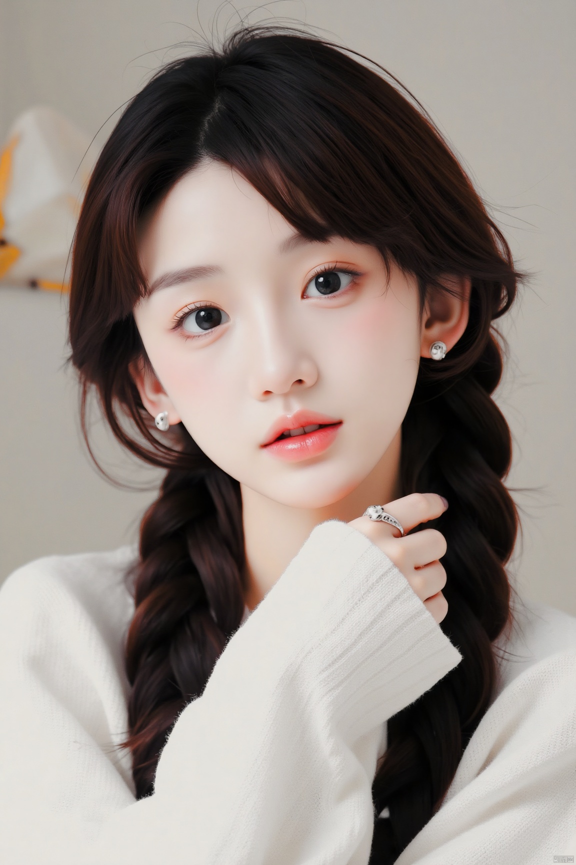 Gilded, This is a hyperrealistic digital portrait of a young Asian woman with delicate features and a soft, youthful appearance. She has a light complexion and large, almond-shaped eyes with a subtle hint of pink on the inner corners, giving her an innocent and gentle expression. Her long, dark brown hair is styled in two loose, thick braids that fall over her shoulders, with one braid draped over her right shoulder. Her lips are slightly parted, revealing a natural pink hue, and she has a small, delicate nose with a slight curve. She is wearing a white, knit sweater with a lace-**** texture on the sleeves, which adds a touch of texture and softness to her outfit. Her fingers are adorned with simple, delicate rings. The background is a soft, out-of-focus blur, likely an indoor setting with neutral tones, which keeps the focus on her face and hair. The overall effect is a serene and dreamy depiction, emphasizing the subject's delicate and ethereal beauty.
