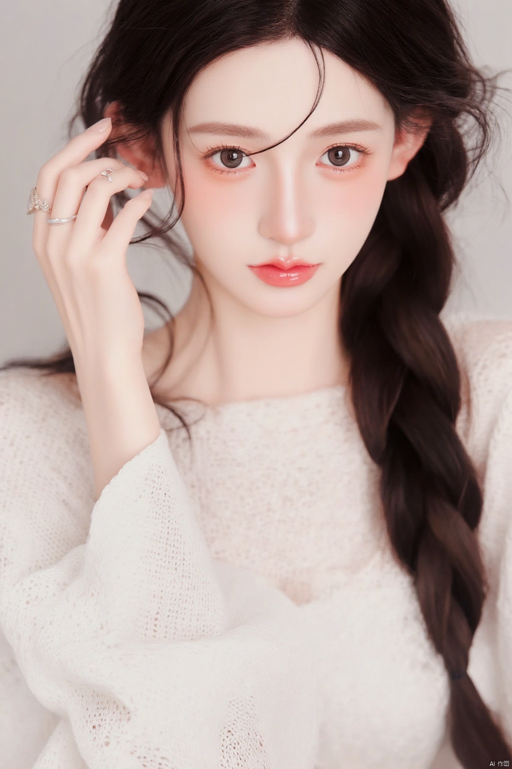 Gilded, This is a hyperrealistic digital portrait of a young Asian woman with delicate features and a soft, youthful appearance. She has a light complexion and large, almond-shaped eyes with a subtle hint of pink on the inner corners, giving her an innocent and gentle expression. Her long, dark brown hair is styled in two loose, thick braids that fall over her shoulders, with one braid draped over her right shoulder. Her lips are slightly parted, revealing a natural pink hue, and she has a small, delicate nose with a slight curve. She is wearing a white, knit sweater with a lace-**** texture on the sleeves, which adds a touch of texture and softness to her outfit. Her fingers are adorned with simple, delicate rings. The background is a soft, out-of-focus blur, likely an indoor setting with neutral tones, which keeps the focus on her face and hair. The overall effect is a serene and dreamy depiction, emphasizing the subject's delicate and ethereal beauty.
