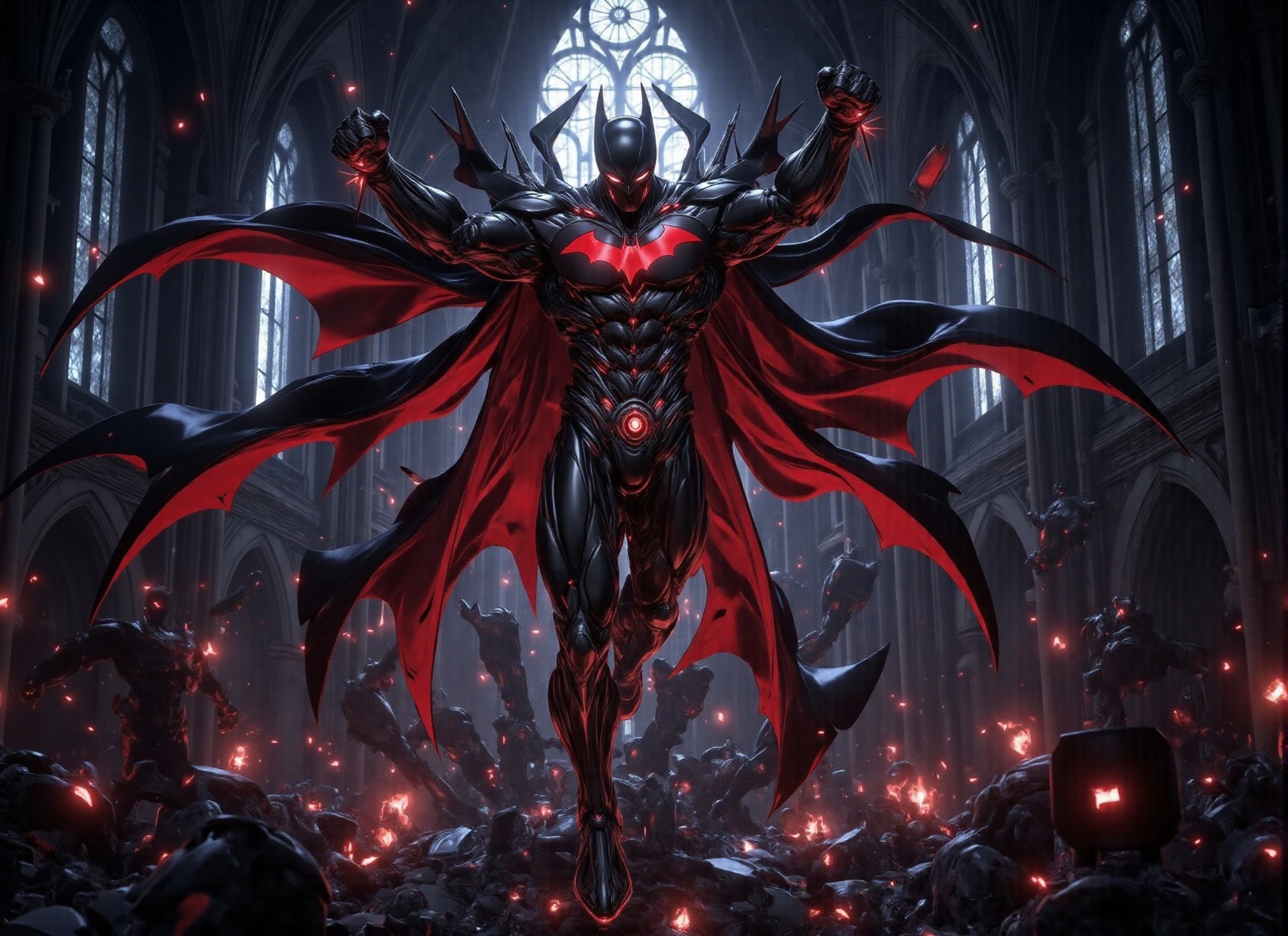 (((A photorealistic scene of Batman Beyond dressed in black flying through the air and throwing his fist forward. His forw...