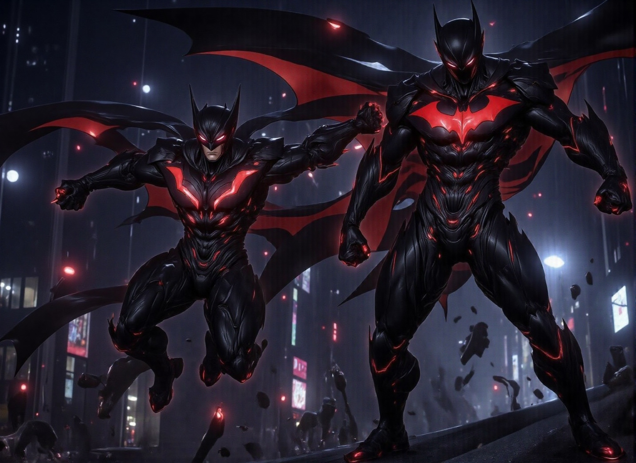 (((Photorealistic scene of Batman Beyond dressed in black flying through the air delivering a powerful punch to an alien's...