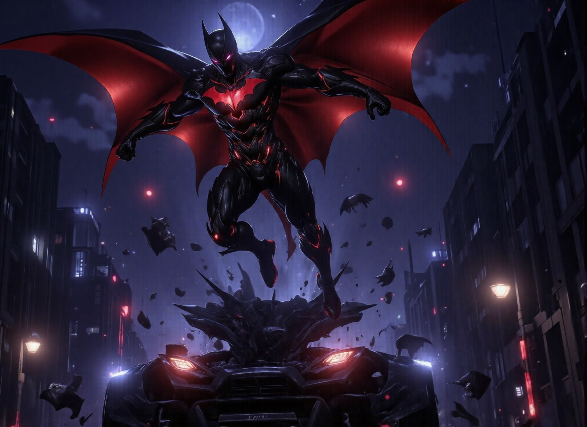 (((Photorealistic scene of Batman Beyond dressed in black flying through the air above the city,  red futuristic wings,  ....