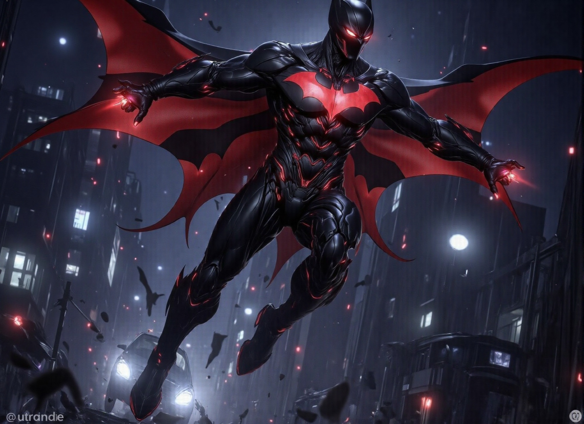 (((Photorealistic scene of Batman Beyond dressed in black flying through the air above the city,  red futuristic wings,  ....