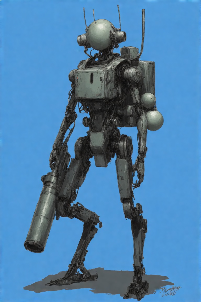 This art by Brian Sum is a digital drawing of a humanoid robot standing against a solid blue background. The robot is desi...