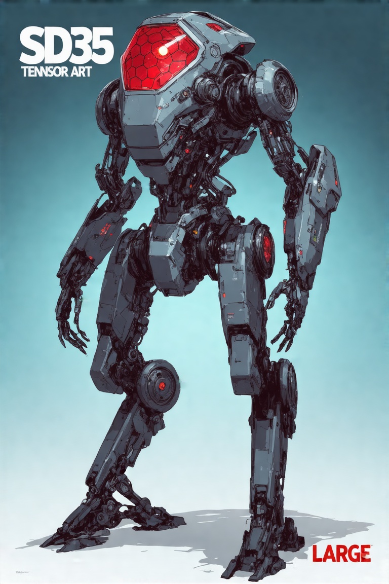 This art by Brian Sum is a mech standing upright against a gradient blue background. The mech is made of metallic componen...