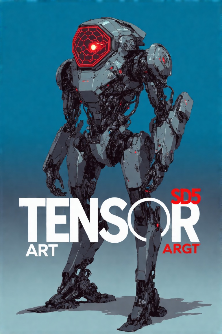 This art by Brian Sum is a mech standing upright against a gradient blue background. The mech is made of metallic componen...
