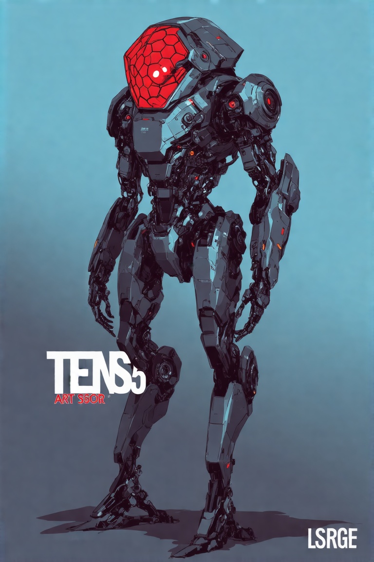 This art by Brian Sum is a mech standing upright against a gradient blue background. The mech is made of metallic componen...