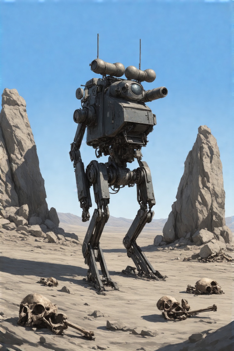 This image is a digital painting by Brian Sum depicting a futuristic,  mechanical humanoid robot in a desolate,  rocky lan...
