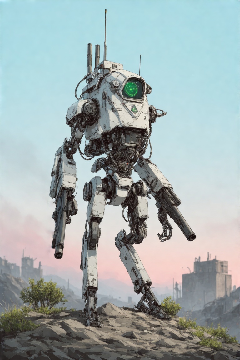 This image is a detailed CGI rendering by Brian Sum showcasing a futuristic,  anthropomorphic robot standing on rocky terr...