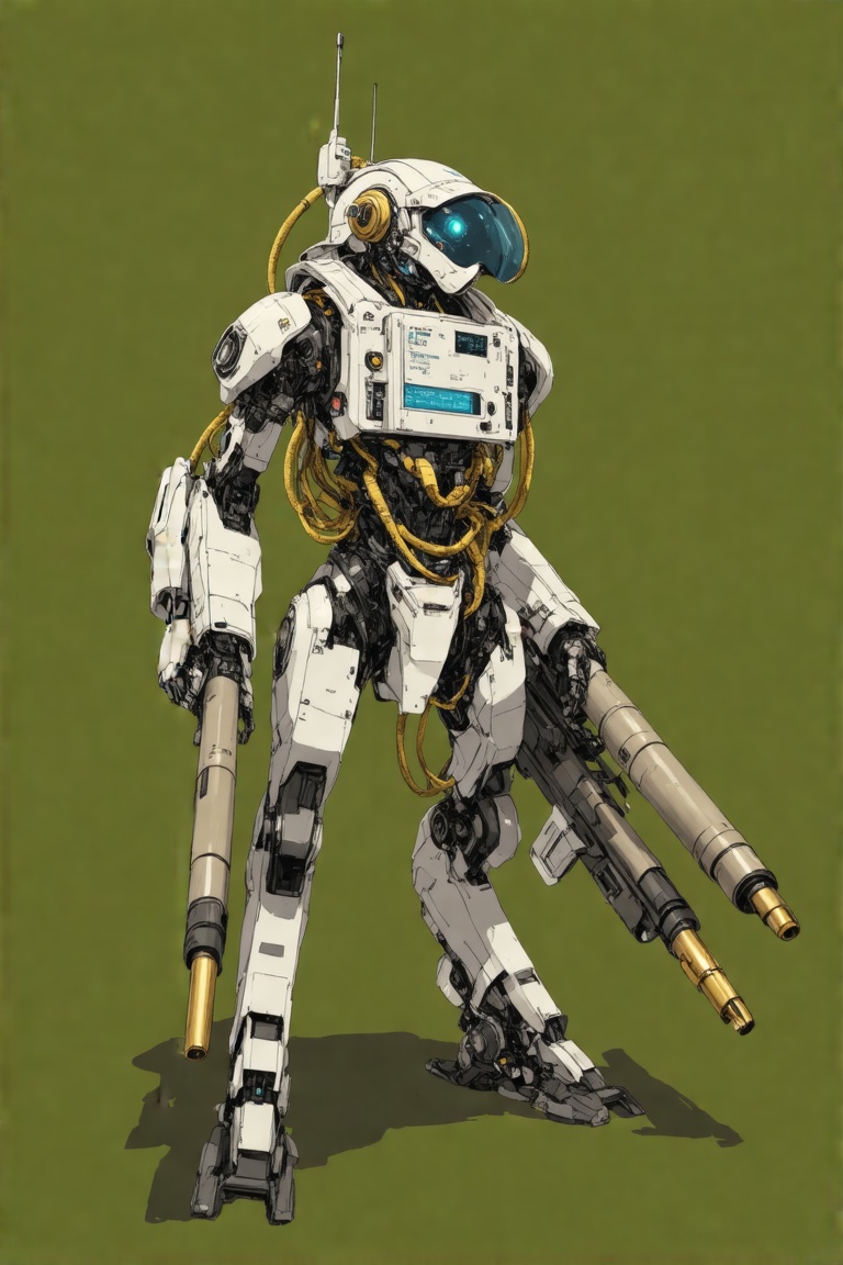 This image is a digital illustration of a futuristic,  anthropomorphic robot in a combat stance. The robot stands on four...