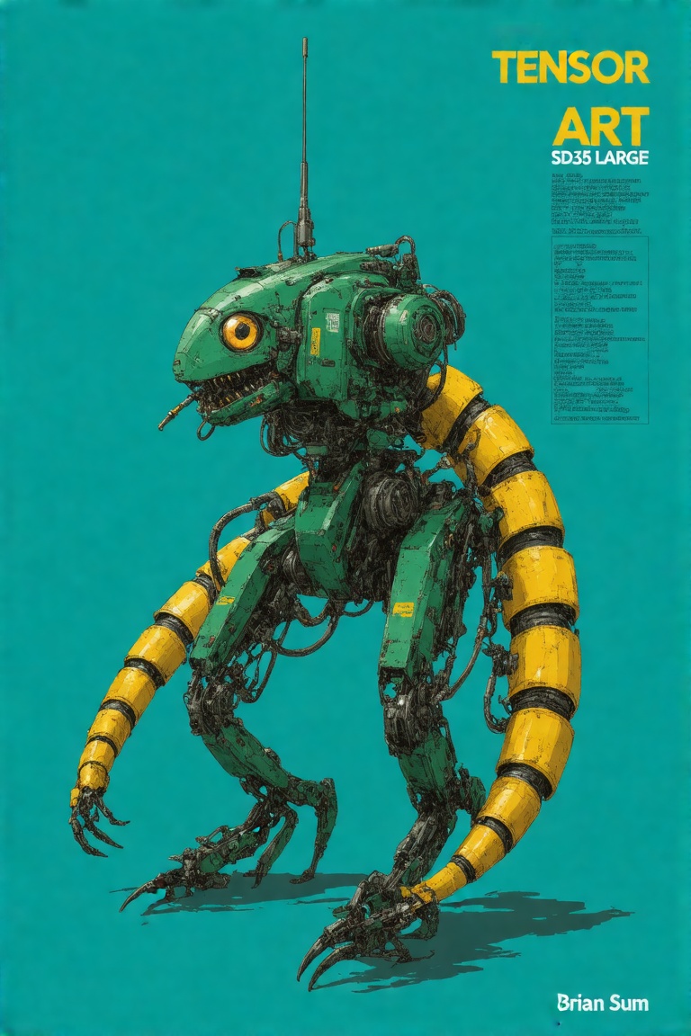 This is a digital drawing by Brian Sum featuring a fictional,  highly detailed,  green and yellow robot designed to resemb...