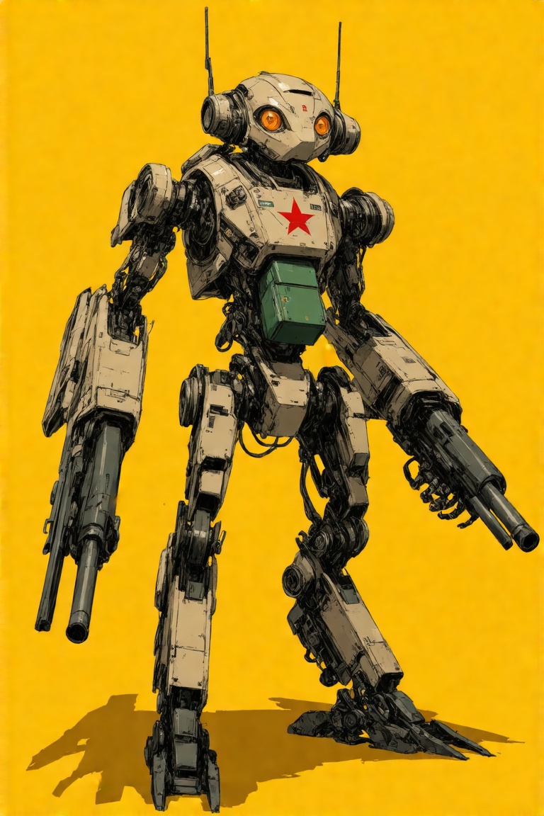 This art by Brian Sum is a detailed digital illustration of a futuristic,  anthropomorphic robot set against a solid yello...