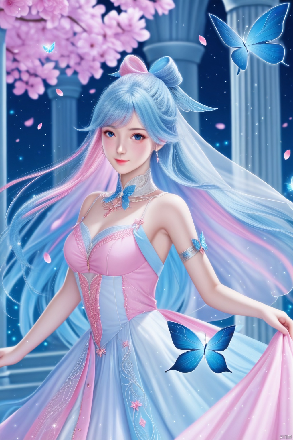 masterpiece, best quality, masterpiece,best quality,official art,extremely detailed CG unity 8k wallpaper,1girl,solo,hair ornament,long hair,looking at viewer,jewelry,multicolored hair,blue eyes,dress,closed mouth,blue hair,pink hair,flower,ribbon,petals,detached collar,bug,blue butterfly,veil,sparkle,pillar,mask,tattoo,