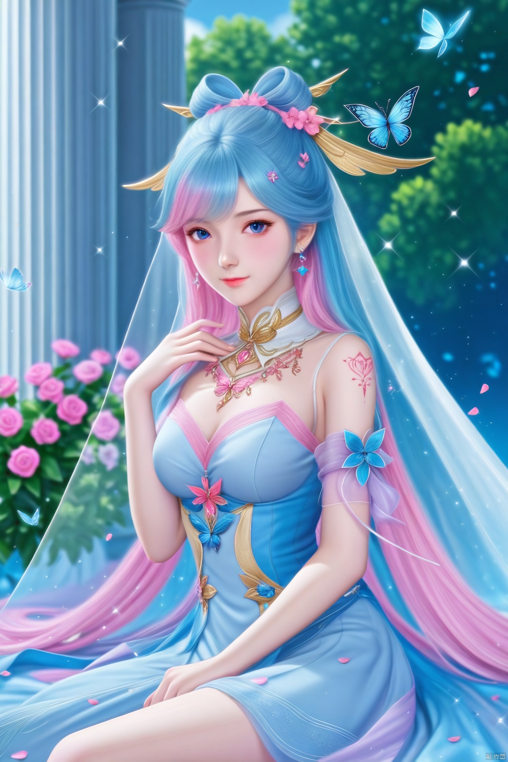 masterpiece, best quality, masterpiece,best quality,official art,extremely detailed CG unity 8k wallpaper,1girl,solo,hair ornament,long hair,looking at viewer,jewelry,multicolored hair,blue eyes,dress,closed mouth,blue hair,pink hair,flower,ribbon,petals,detached collar,bug,blue butterfly,veil,sparkle,pillar,mask,tattoo,sitting,