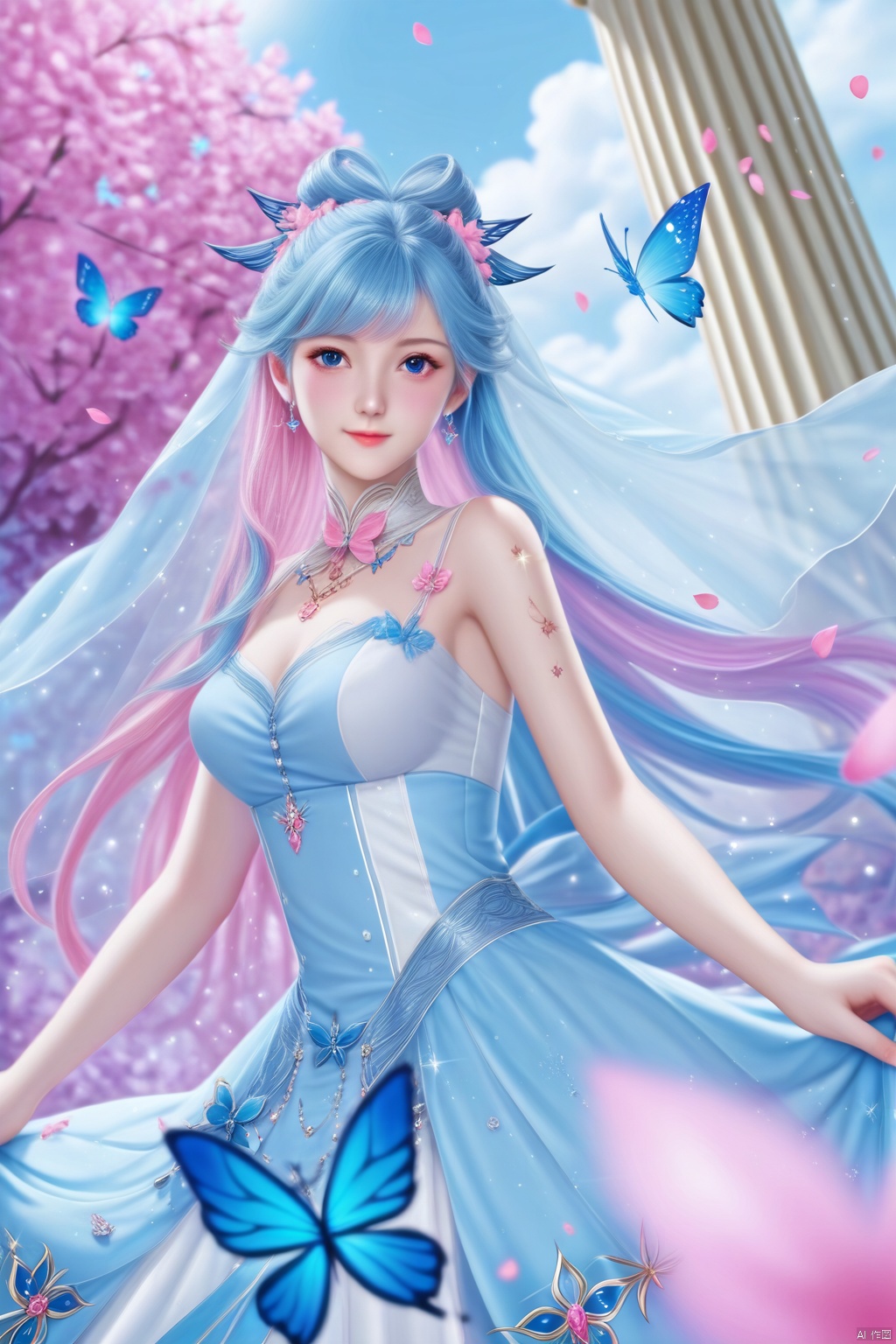 masterpiece, best quality, masterpiece,best quality,official art,extremely detailed CG unity 8k wallpaper,1girl,solo,hair ornament,long hair,looking at viewer,jewelry,multicolored hair,blue eyes,dress,closed mouth,blue hair,pink hair,flower,ribbon,petals,detached collar,bug,blue butterfly,veil,sparkle,pillar,mask,tattoo,