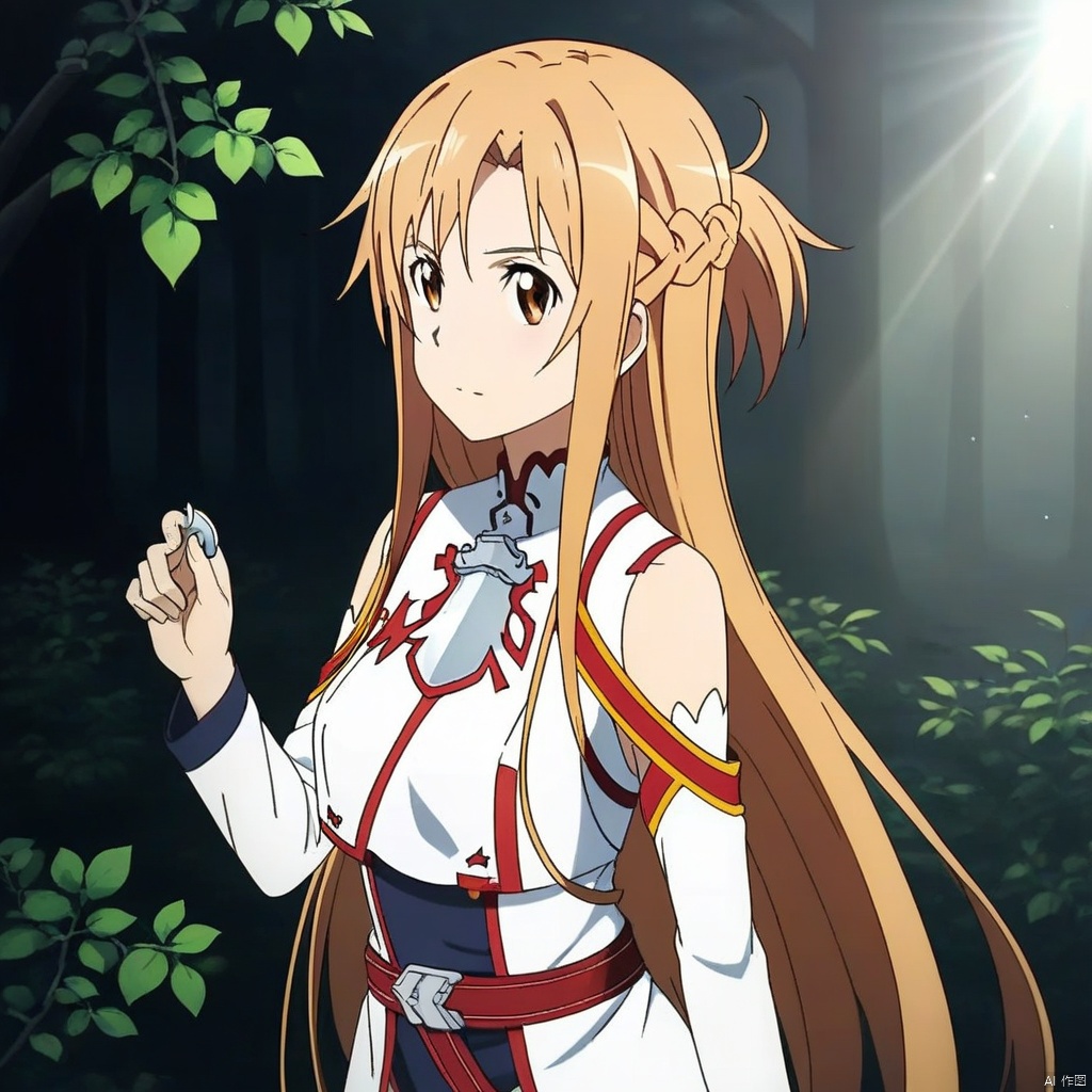 A single girl with long yellow hair, resembling Asuna from Sword Art Online, stands in a serene forest clearing. The scene is softly lit by dappled sunlight filtering through the trees, creating a warm, inviting atmosphere. She is posed gracefully, holding a sword with both hands, her expression focused and determined. The composition is balanced, with the girl in the center, surrounded by lush greenery and a gentle breeze.