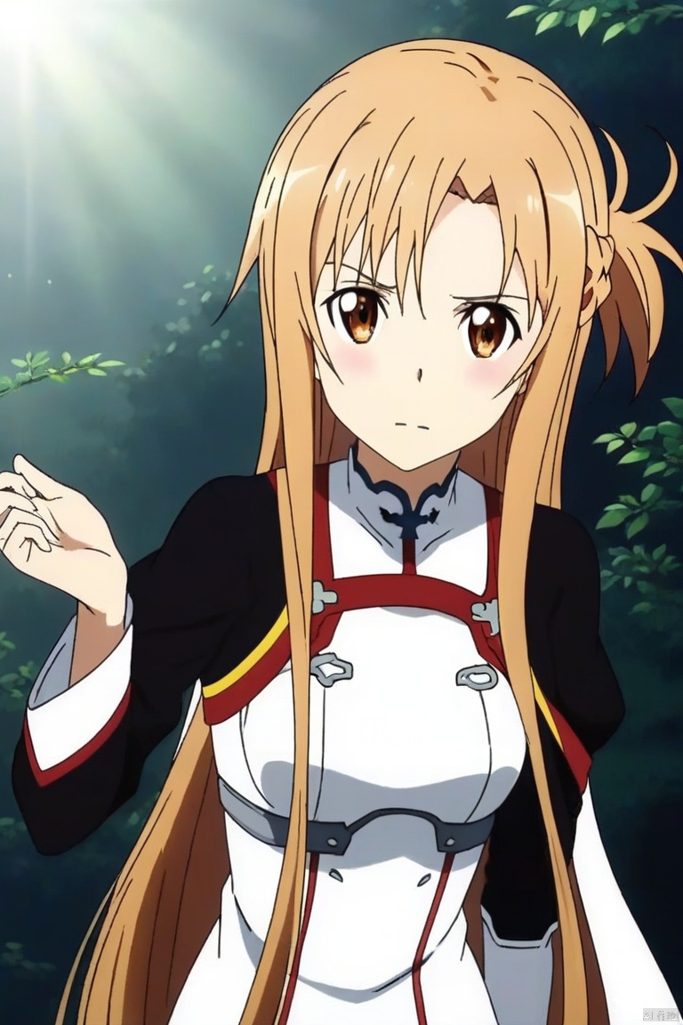 A single girl with long yellow hair, resembling Asuna from Sword Art Online, stands in a serene forest clearing. The scene is softly lit by dappled sunlight filtering through the trees, creating a warm, inviting atmosphere. She is posed gracefully, holding a sword with both hands, her expression focused and determined. The composition is balanced, with the girl in the center, surrounded by lush greenery and a gentle breeze.