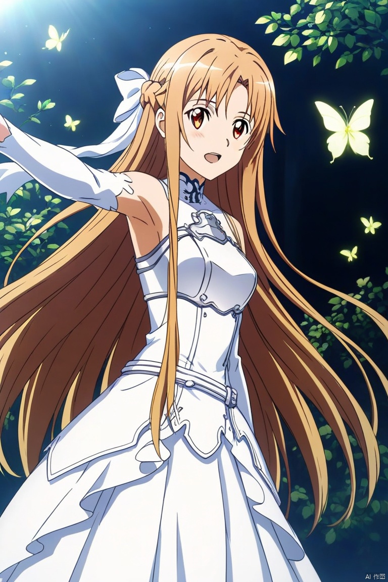 A single girl with long yellow hair, resembling Asuna from Sword Art Online, stands in a serene garden setting for a wedding photoshoot. The scene is softly lit by dappled sunlight filtering through the trees, creating a warm, inviting atmosphere with intricate light and shadow textures. She is posed gracefully, wearing a white wedding gown with a large, ruffled skirt and intricate silver armor accents. Her expression is serene and joyful, with large, bright eyes reflecting happiness. The composition is balanced, with the girl in the center, surrounded by lush greenery, vibrant flowers, and fluttering butterflies. The art style is high-resolution 2.5D CG, blending semi-realistic photos with smooth lines, vivid colors, and high contrast, enhancing the dreamy and fantastical atmosphere of the wedding photos. The image features three-dimensional, layered, and rich details, rendered in 8K resolution for exceptional clarity and depth.