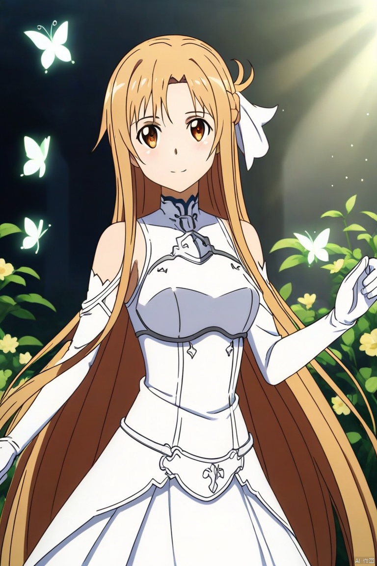 A single girl with long yellow hair, resembling Asuna from Sword Art Online, stands in a serene garden setting for a wedding photoshoot. The scene is softly lit by dappled sunlight filtering through the trees, creating a warm, inviting atmosphere. She is posed gracefully, wearing a white wedding gown with a large, ruffled skirt and intricate silver armor accents. Her expression is serene and joyful, with large, bright eyes reflecting happiness. The composition is balanced, with the girl in the center, surrounded by lush greenery, vibrant flowers, and fluttering butterflies. The art style is high-resolution anime, with smooth lines, vivid colors, and high contrast, enhancing the dreamy and fantastical atmosphere of the wedding photos.