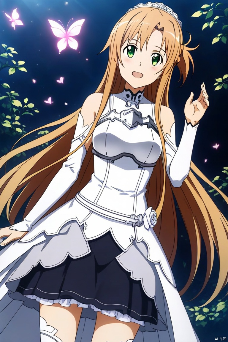 A single girl with long yellow hair, resembling Asuna from Sword Art Online, stands in a serene garden setting for a wedding photoshoot. The scene is softly lit by dappled sunlight filtering through the trees, creating a warm, inviting atmosphere with intricate light and shadow textures. She is posed gracefully, wearing a white wedding gown with a large, ruffled skirt and intricate silver armor accents. Her expression is serene and joyful, with large, bright eyes reflecting happiness. The composition is balanced, with the girl in the center, surrounded by lush greenery, vibrant flowers, and fluttering butterflies. The art style is high-resolution 2.5D CG, blending semi-realistic photos with smooth lines, vivid colors, and high contrast, enhancing the dreamy and fantastical atmosphere of the wedding photos. The image features three-dimensional, layered, and rich details, rendered in 8K resolution for exceptional clarity and depth.