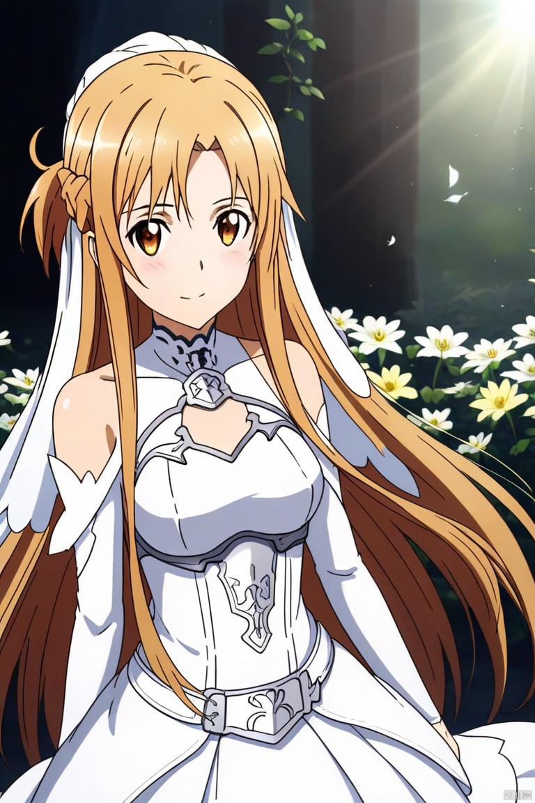 A single girl with long yellow hair, resembling Asuna from Sword Art Online, stands in a serene garden setting for a wedding photoshoot. The scene is softly lit by dappled sunlight filtering through the trees, creating a warm, inviting atmosphere. She is posed gracefully, wearing a white wedding gown with a large, ruffled skirt and intricate silver armor accents. Her expression is serene and joyful, with large, bright eyes reflecting happiness. The composition is balanced, with the girl in the center, surrounded by lush greenery, vibrant flowers, and fluttering butterflies. The art style is high-resolution anime, with smooth lines, vivid colors, and high contrast, enhancing the dreamy and fantastical atmosphere of the wedding photos.