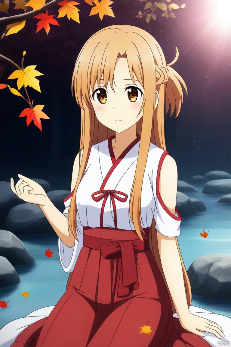 A young female anime character with long, smooth golden hair and a side braid, resembling Asuna, sits gracefully on a stone by the water in an autumn forest. She wears traditional oriental-style clothing: a white top with red decorations and a red skirt. Her delicate facial features include large, bright eyes and a serene expression. One hand lightly supports her behind, while the other holds a branch with orange-red maple leaves. The background features lush trees with leaves in gradients of orange, yellow, and green, dappled sunlight casting shadows on the ground and water surface. A clear stream with scattered maple leaves adds to the tranquil, peaceful atmosphere, full of the romance and poetry of autumn. High-resolution anime style with vibrant, harmonious colors and smooth lines, enhanced by fine-grained light and shadow effects for a three-dimensional feel.