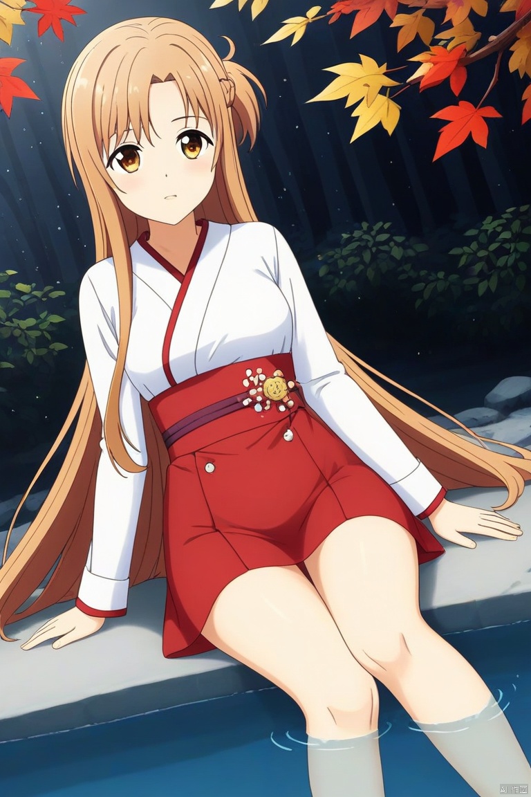 A young female anime character with long, smooth golden hair and a side braid, resembling Asuna, sits gracefully on a stone by the water in an autumn forest. She wears traditional oriental-style clothing: a white top with red decorations and a red skirt. Her delicate facial features include large, bright eyes and a serene expression. One hand lightly supports her behind, while the other holds a branch with orange-red maple leaves. The background features lush trees with leaves in gradients of orange, yellow, and green, dappled sunlight casting shadows on the ground and water surface. A clear stream with scattered maple leaves adds to the tranquil, peaceful atmosphere, full of the romance and poetry of autumn. High-resolution anime style with vibrant, harmonious colors and smooth lines, enhanced by fine-grained light and shadow effects for a three-dimensional feel.