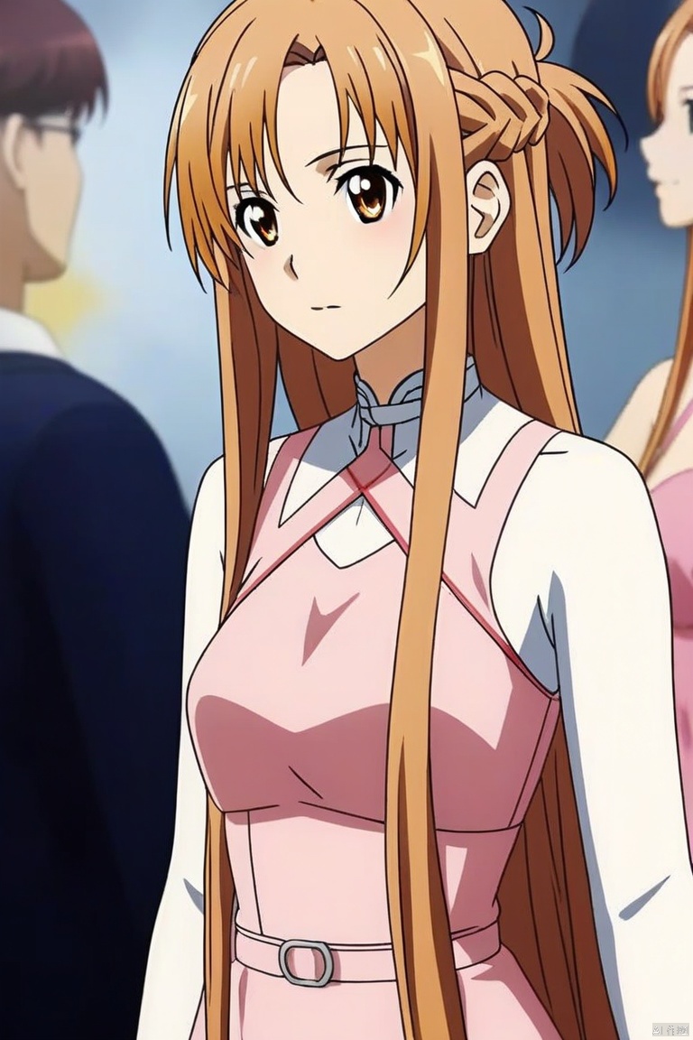 A half-body perspective of a 1girl with yellow long hair, dressed in Asuna's pink dress, captured in a dynamic pose. The scene features light and shadow texture, creating a three-dimensional and layered effect with rich details. Rendered in 8K resolution, the image blends 2.5D CG with semi-realistic photos, showcasing a high level of realism and depth.
