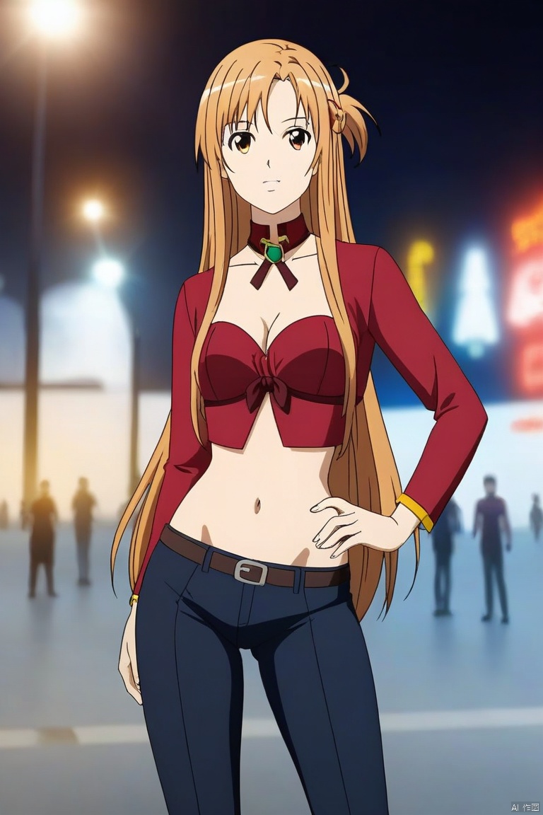 A perspective shot of a trendy 1girl with yellow long hair, dressed in Asuna's hip hop costumes, performing hip-hop dancing in the street. The scene features light and shadow texture, creating a three-dimensional and layered effect with rich details. Rendered in 8K resolution, the image blends 2.5D CG with semi-realistic photos, showcasing a high level of realism and depth.