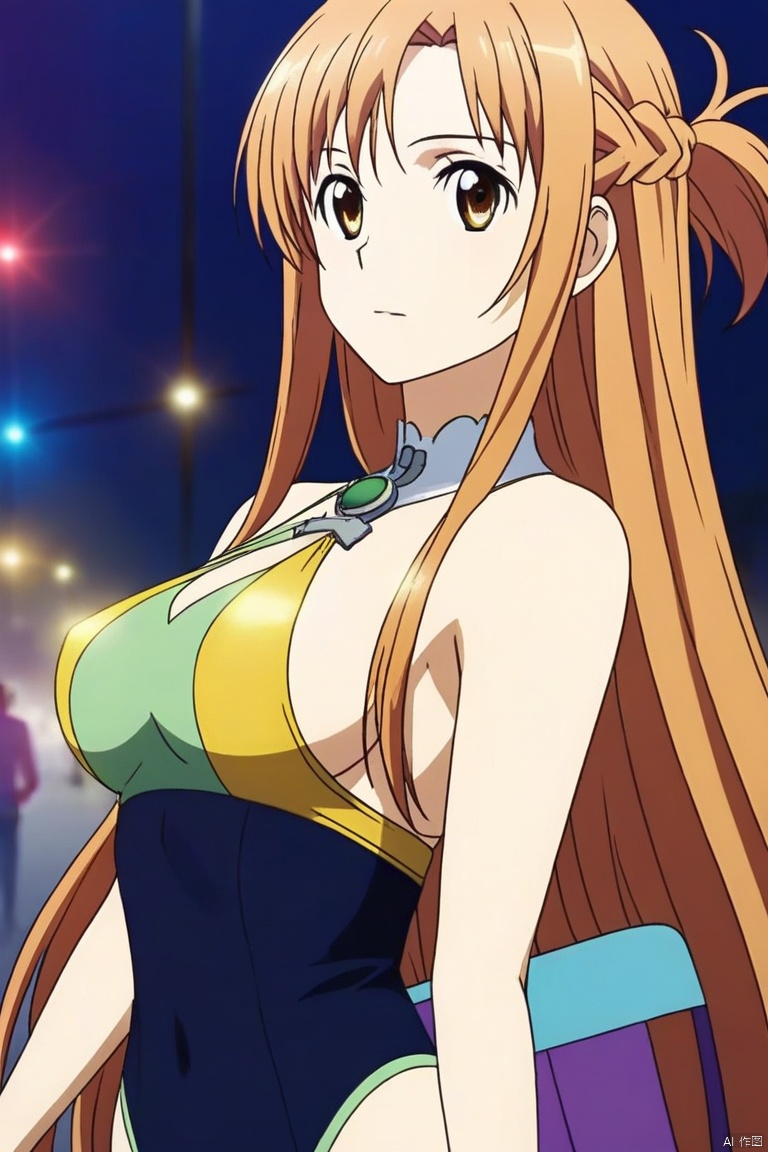 A perspective shot of a trendy 1girl with yellow long hair, dressed in Asuna's hip hop costumes, performing hip-hop dancing in the street. The scene features light and shadow texture, creating a three-dimensional and layered effect with rich details. Rendered in 8K resolution, the image blends 2.5D CG with semi-realistic photos, showcasing a high level of realism and depth.