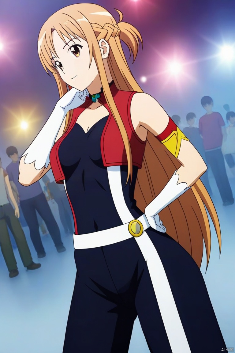 A perspective shot of a trendy 1girl with yellow long hair, dressed in Asuna's hip hop costumes, performing hip-hop dancing in the street. The scene features light and shadow texture, creating a three-dimensional and layered effect with rich details. Rendered in 8K resolution, the image blends 2.5D CG with semi-realistic photos, showcasing a high level of realism and depth.