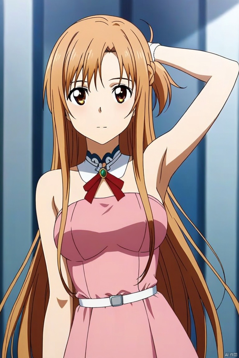 A half-body perspective of a 1girl with yellow long hair, dressed in Asuna's pink dress, captured in a dynamic pose. The scene features light and shadow texture, creating a three-dimensional and layered effect with rich details. Rendered in 8K resolution, the image blends 2.5D CG with semi-realistic photos, showcasing a high level of realism and depth.