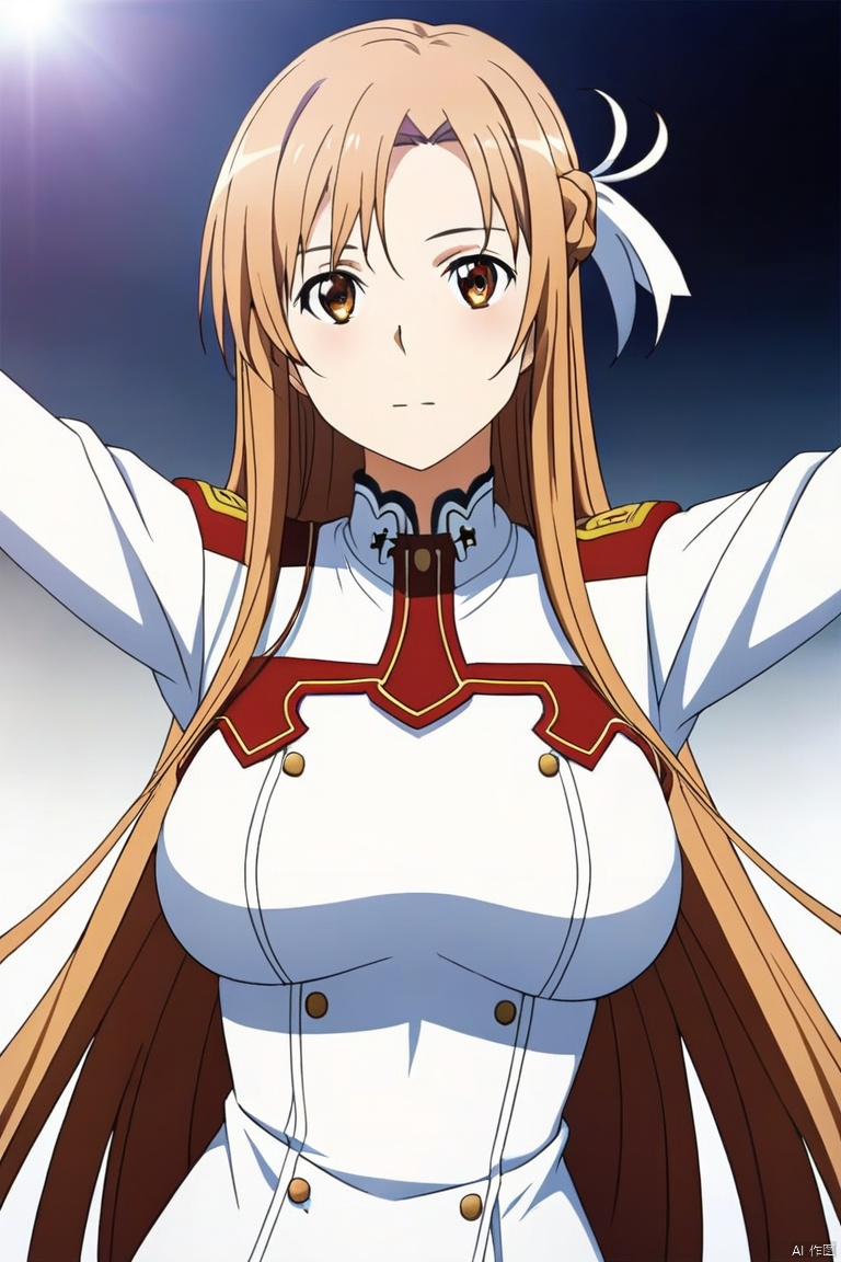 A 1girl with yellow long hair, dressed in Asuna's student uniform, captured in a dynamic pose. The scene features light and shadow texture, creating a three-dimensional and layered effect with rich details. Rendered in 8K resolution, the image blends 2.5D CG with semi-realistic photos, showcasing a high level of realism and depth.